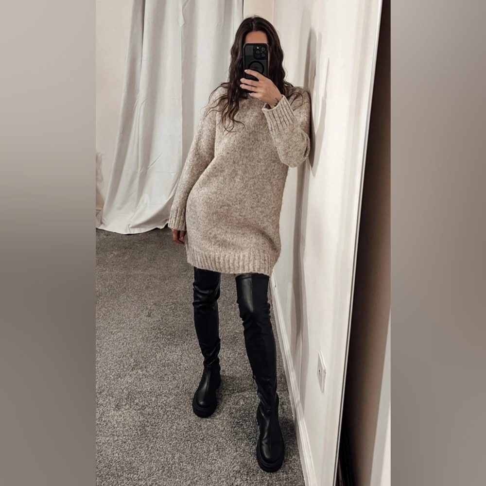 Cozy Neutral Knit Sweater Dress